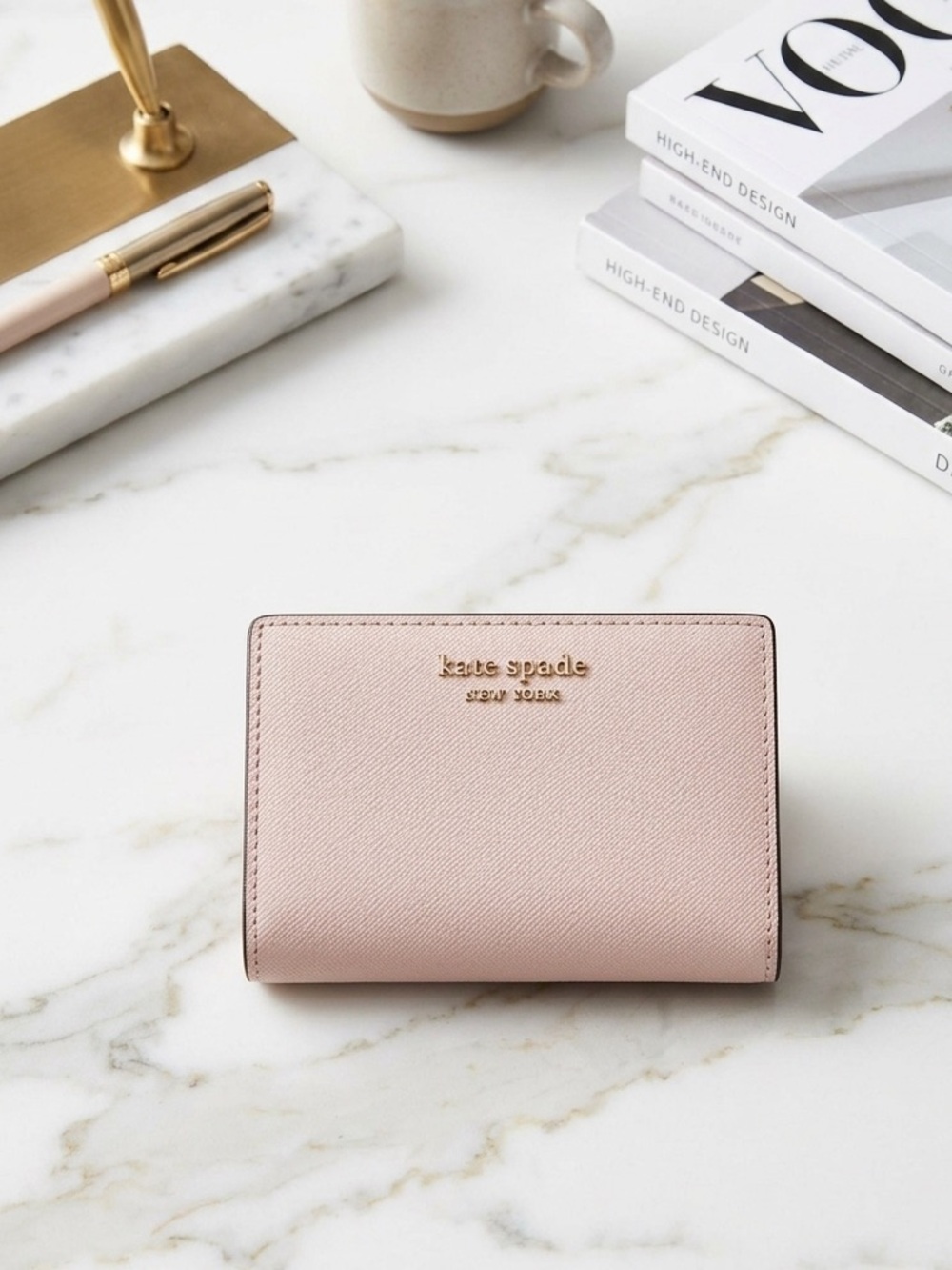 kate spade Soft Pink Saffiano Compact Wallet with Gold Logo